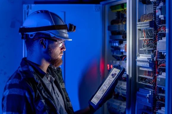 Elektrikar z merilnikom pred razdelilno elektro omaro